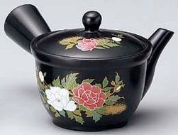 Yamakikai Black Kyusu(Japanese teapot) with red and white flowers 260cc GL1891 from Japan