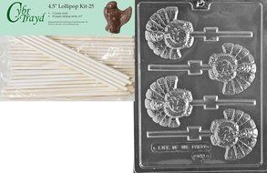 Cybrtrayd 45St25-T042 Turkey Lolly Thanksgiving Chocolate Candy Mold with 25-Pack 4.5-Inch Lollipop Sticks