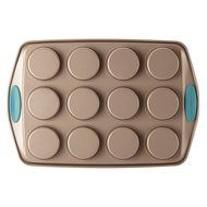 Rachael Ray Cucina Bakeware 12-Cup Muffin Pan, Latte Brown, Agave Blue Handle Grips N2