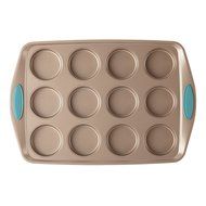 Rachael Ray Cucina Bakeware 12-Cup Muffin Pan, Latte Brown, Agave Blue Handle Grips N3
