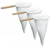 Cloth coffee strainer. Wood handle with metal ring. Pack of 3