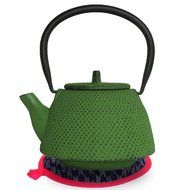 Nanbu Tekki Tetsubin Teapot Kettle w/ Stainless Steel Mesh Infuser Basket and Hand Made Pot Stand, Green