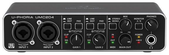 Behringer U-PHORIA UMC204 Audiophile 2x4, 24-Bit/96 kHz USB Audio/MIDI Interface with MIDAS Mic Preamplifiers N4