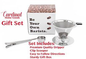 Paperless Pour Over Coffee Dripper &amp; Brewer - Stainless Steel Double Mesh Reusable Cone Filter with Built-in Stand... N9
