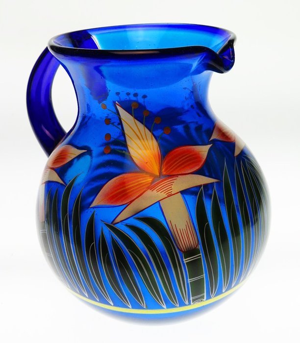 Mexican Glass Bola Pitcher, Hand Painted with Orchid Design 128 Ounces N2