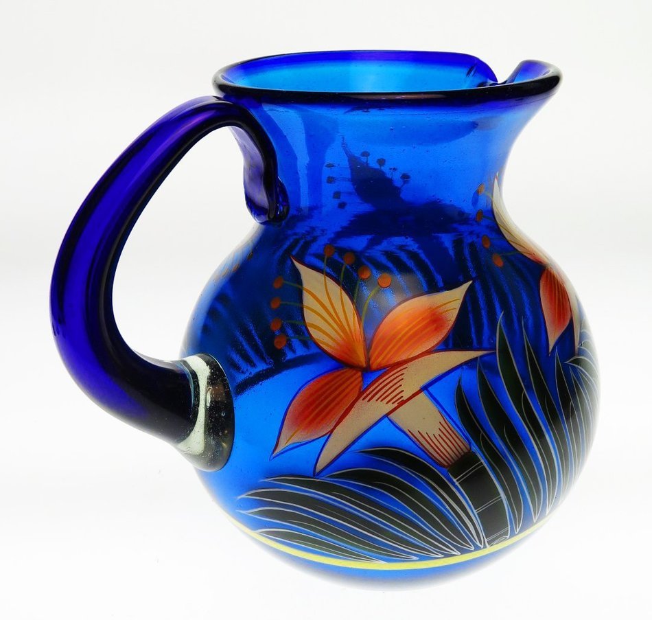 Mexican Glass Bola Pitcher, Hand Painted with Orchid Design 128 Ounces N3