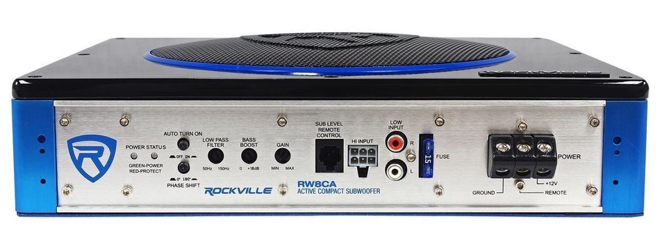 Rockville RW8CA 8" 600 Watt Under-Seat Slim Amplified Car Subwoofer +Wire Ki N3