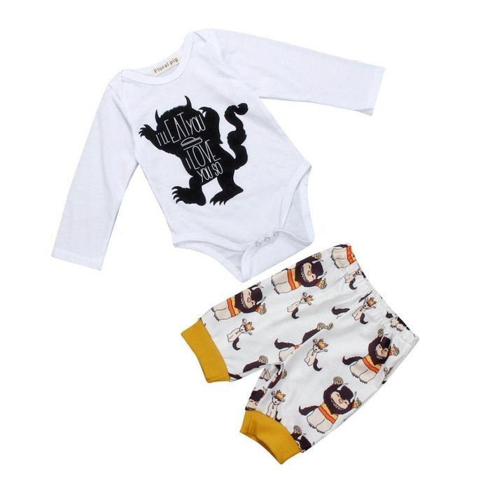 Clothes Set ,BeautyVan Newborn Infant Clothes Baby Boy Monsters Print Tops Romper+ Pants Outfits Set (12M, White) N4