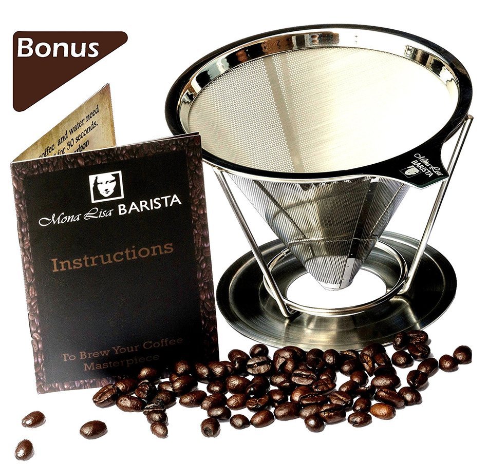 Mona Lisa Barista Pour-Over Coffee Dripper - The Reusable Stainless Steel Coffee Filter Cone and Stand (1-2 Cup... N7