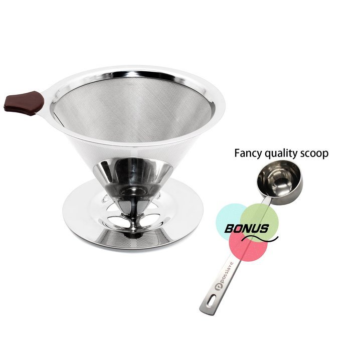 Paperless Pour Over Coffee Dripper by Possiave - Permanent Reusable Stainless Steel Durable Cone Coffee Filter... N9