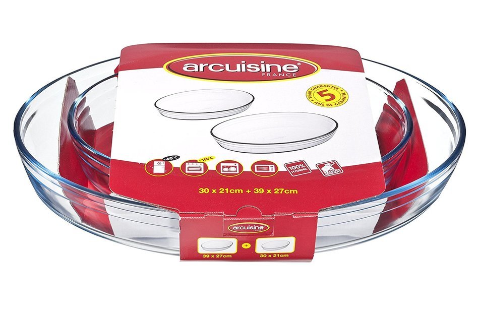 Arcuisine Borosilicate Glass Oval Roaster 2pc Set (11.8 x 8.3-Inch, 15.4 x 10.6-Inch)