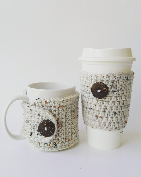 Coffee Mug & Travel Cup Cozy Set Rustic Aran Oatmeal N2
