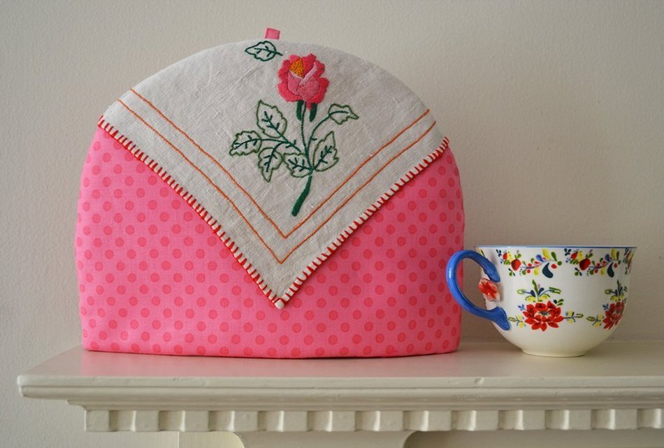 Medium Up-cycled Insulated Artisanal Tea Cozy Set With Trivet - Hand Embroidery - One of a Kind - Linen on Pink... N2