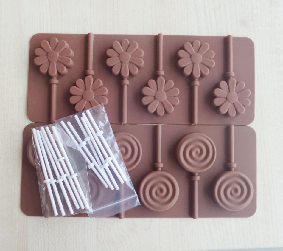 Wocuz 6 Cavity Swirl Lollipop Flower Shape Silicone Chocolate Candy Mold with Sticks 2pcs /Set N5