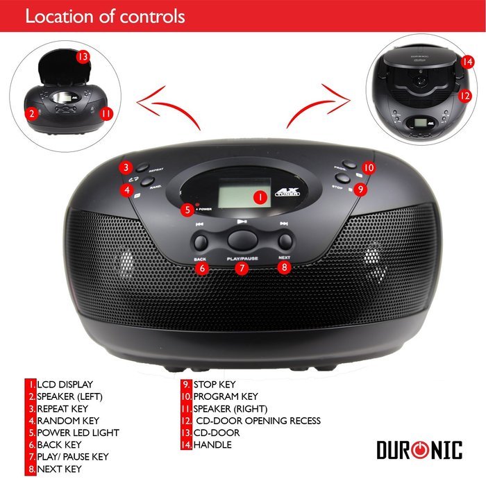 Duronic RCD008 Portable CD Boombox with AM/FM Radio - Connect & play from MP3 Player/Ipod/Iphone N5