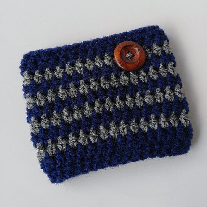 Coffee Sleeve Navy and Grey Stripe Wooden Button