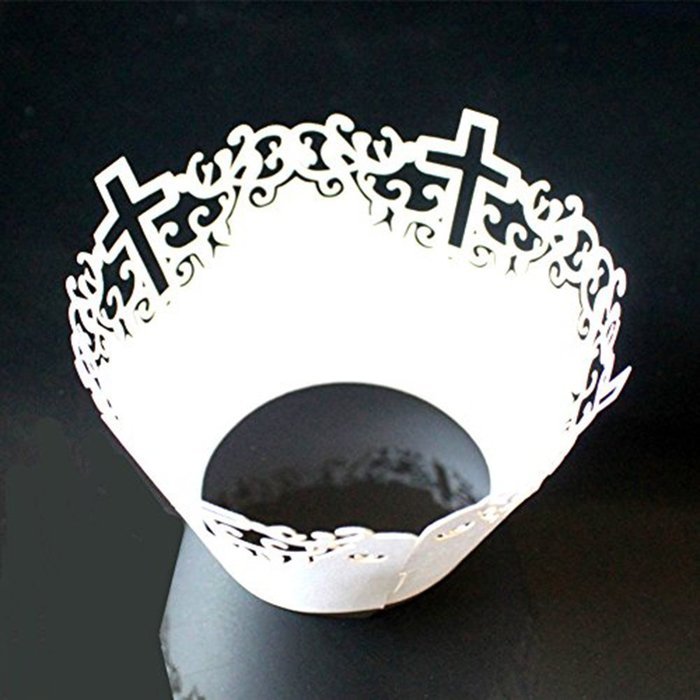 FENICAL Filigree Vine Cross Paper Cake Cupcake Wrappers Cupcake Holder Wedding Party Decor 50pcs (White) N2