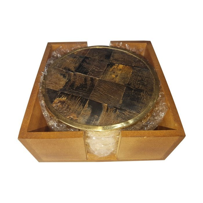 Rounded Pure Brass around Coasters & Water Buffalo Horn Inlay Coasters Unique Designer Handicraft Gift Set ( 4... N2