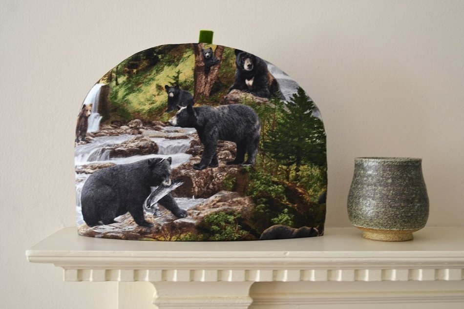 Artisanal Tea Cozy with Black Bears & Forest Scene - 4 Sizes