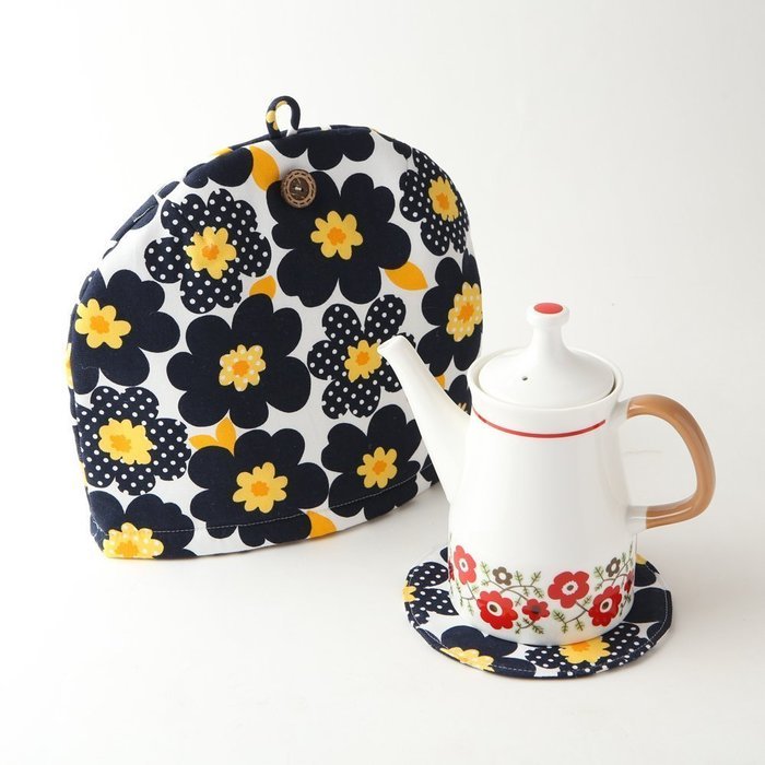 Northern European Style Navy Blue Flowered Cotton Cloth Tea Cozy with Teapot Coaster Handmade by Japanese Craftsman... N2