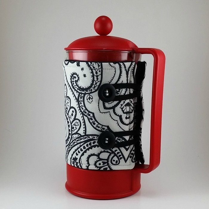 French Press Cozy, Cafetiere Cosy, 8 cup, Handmade, Black and White, Paisley N4
