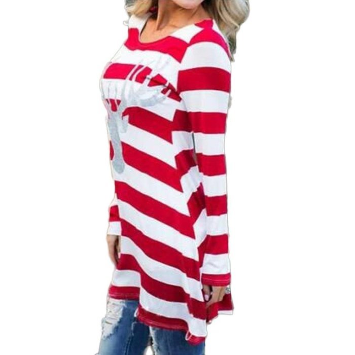 Hot Sale,Laimeng Women Cotton blend Fashion Stripe Dress Round Collar Christmas Elk Long Sleeve Casual Dress (... N4