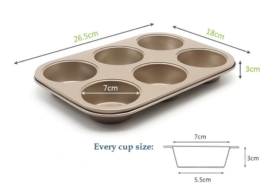 Ankai Premium Muffin Pan,6 Cups Non-Stick Heavy Carbon Steel Baking Pan,Champagne gold coating N2