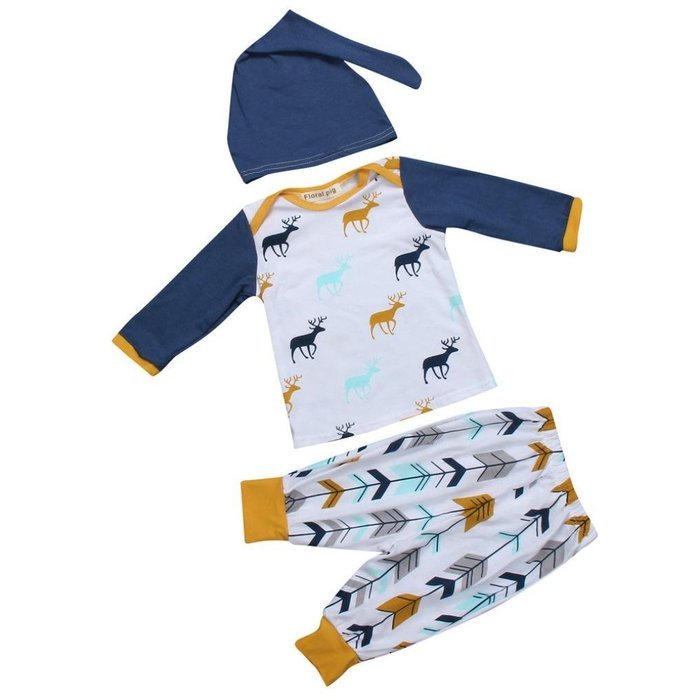 Clothes Set ,BeautyVan Newborn Kid Outfit Clothes Xmas Elk Print T-Shirt Tops+Pants Trousers+Hat Set (6M, Navy) N5