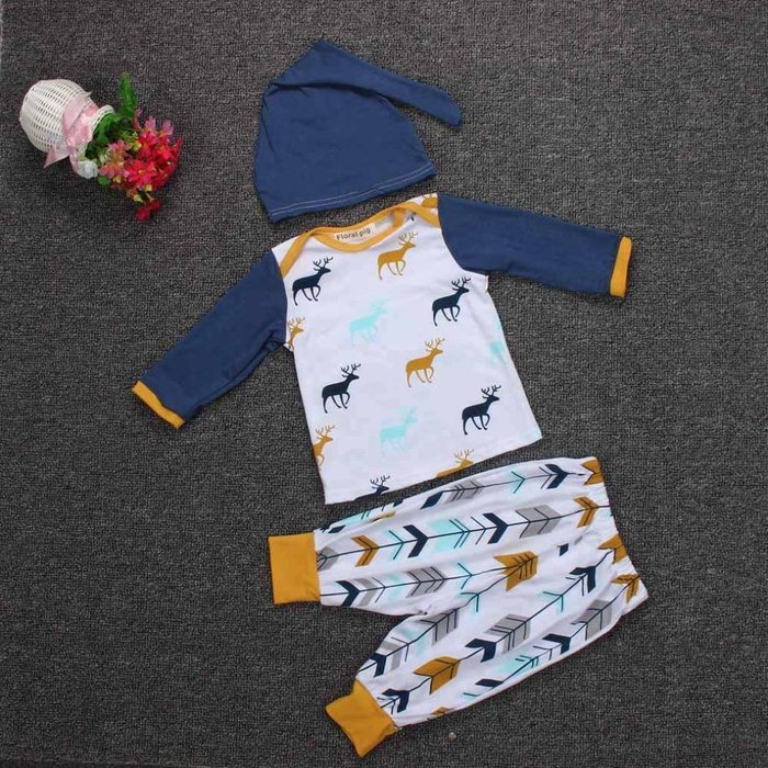 Clothes Set ,BeautyVan Newborn Kid Outfit Clothes Xmas Elk Print T-Shirt Tops+Pants Trousers+Hat Set (6M, Navy) N6