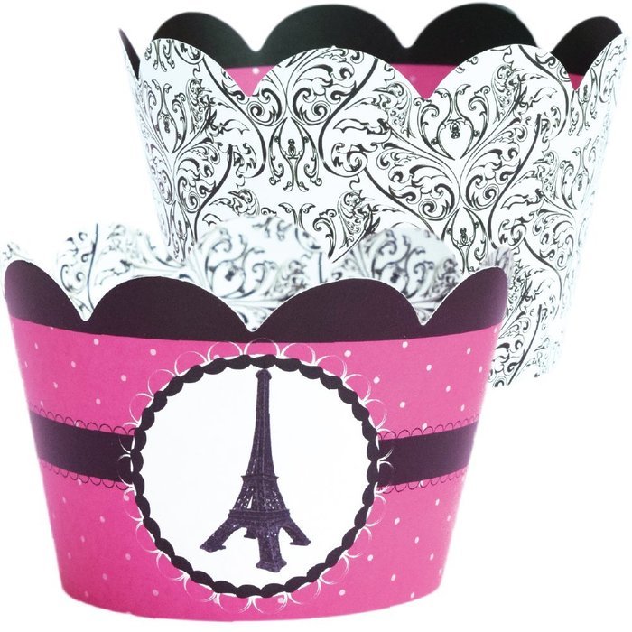 Paris Themed Cupcake Wrappers, Black and White Damask, Confetti Couture Party Supplies, 36 Wraps N7