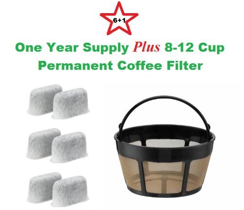 8-12 Cup Basket Shape Permanent Coffee Filter & a set of 6 Charcoal Water Filters for Cuisinart DCC-RWF1 Coffeemakers N2