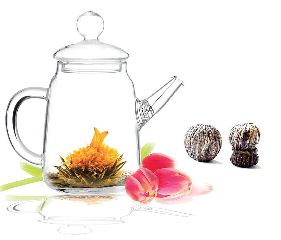 Tea gift Glass Teapot Duo, 16oz/470ml with Fab Flowering Tea (2 Blooms) N5