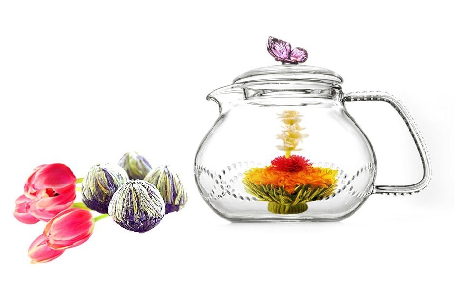 Tea gift Glass Teapot Duo, 16oz/470ml with Fab Flowering Tea (2 Blooms) N12
