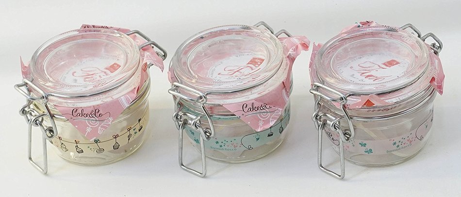 Bormioli Rocco: "Cake & Co." Jars, "Fido" Line, Three Colours (Green, Pink, Yellow) * 4.22 Fluid Ounces (125ml...