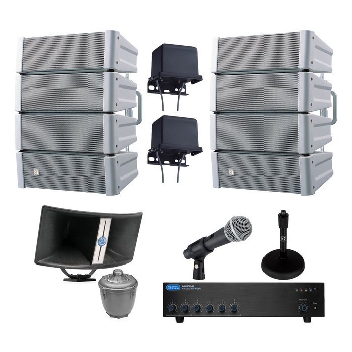 Large Outdoor Stadium Sound System 400 Watts, 6 Input Mixer Amplifier, 60 Watt Paging Horns, Line Array Speaker... N4