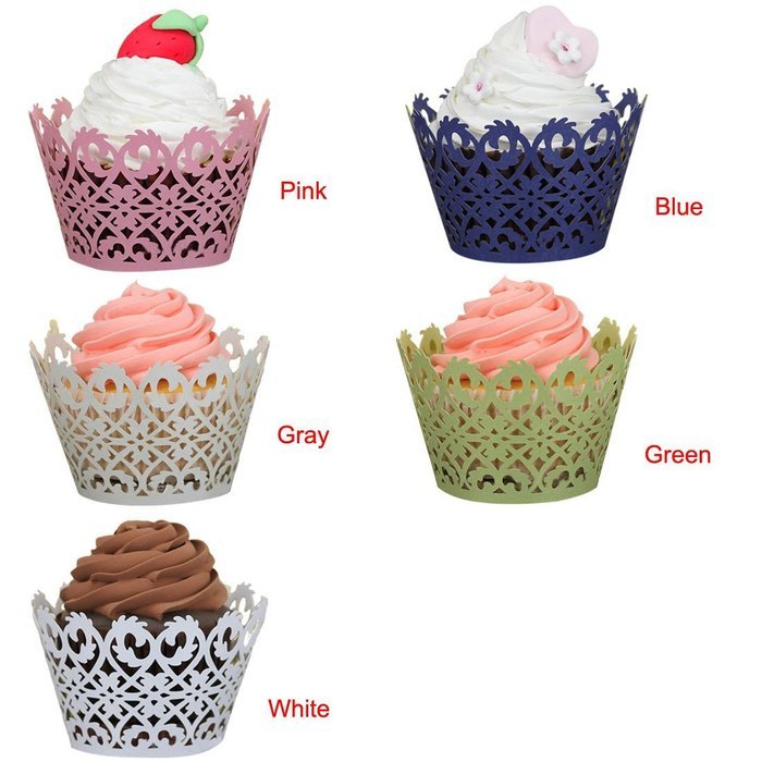 Voberry 50pc New! Little Vine Lace Cut Cupcake Wrapper Liner Baking Cup Muffin (Blue) N2