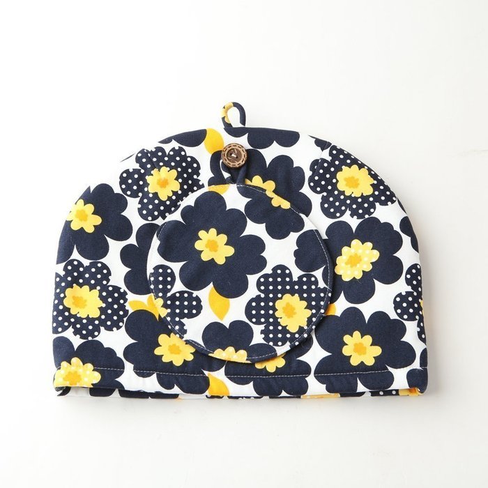 Northern European Style Navy Blue Flowered Cotton Cloth Tea Cozy with Teapot Coaster Handmade by Japanese Craftsman... N3