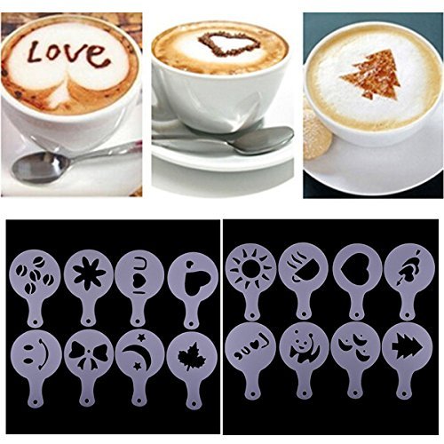 LADEY Fashion Cappuccino Coffee Barista Stencils Template Strew Pad Duster Spray Tools 16pcs/Pack N5