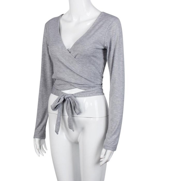 Tops,Morecome Fashion Women Long Sleeve Bandage Crop Tops Shirt (S, Gray) N8