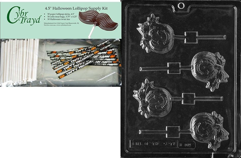 Cybrtrayd 45StK50H-H109 Pumpkin Lolly Halloween Chocolate Mold with Lollipop Supply Kit