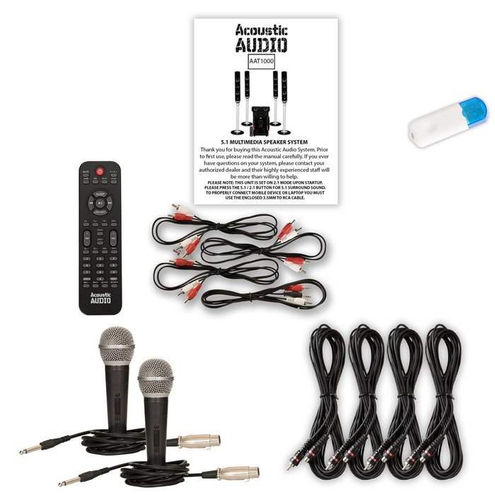 Acoustic Audio AAT1000 Tower 5.1 Speaker System with USB Bluetooth 2 Mics and 4 Extension Cables N2