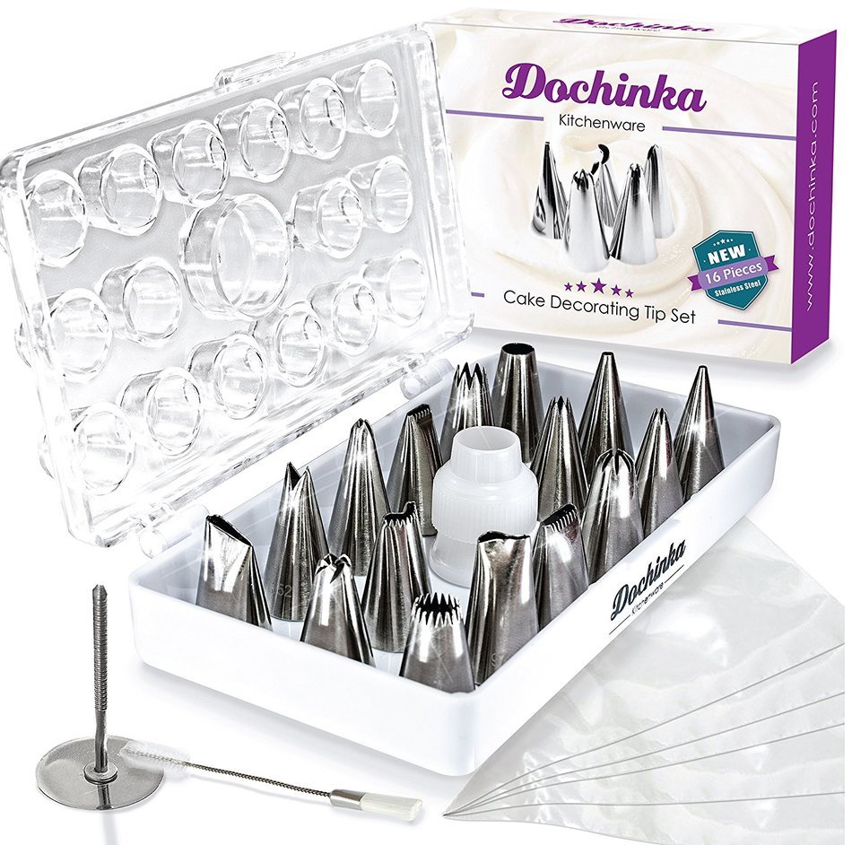 18-Piece Cake Decorating Supplies Tip Set - Includes 16 Stainless Steel Nozzles, Reusable Coupler, Flower Nail... N6