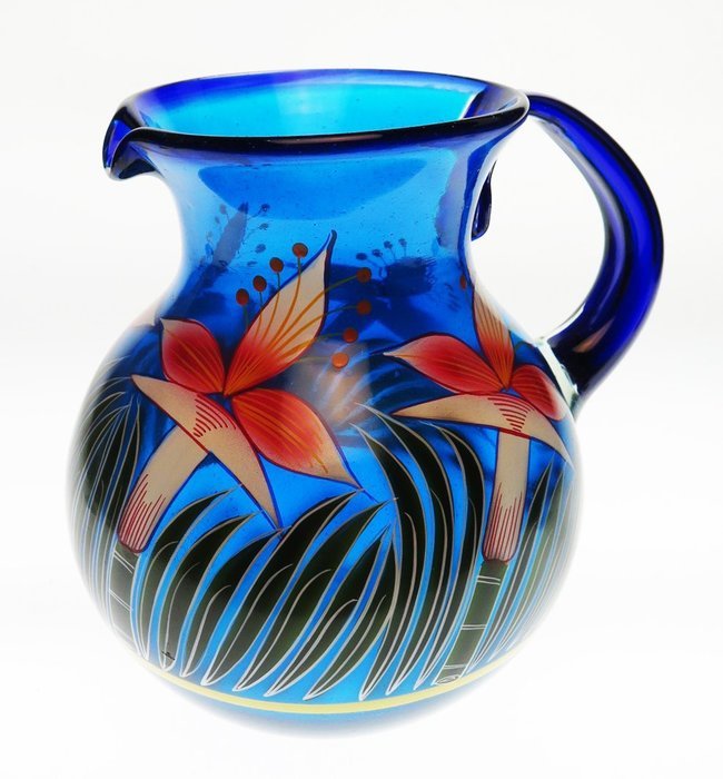Mexican Glass Bola Pitcher, Hand Painted with Orchid Design 128 Ounces N4