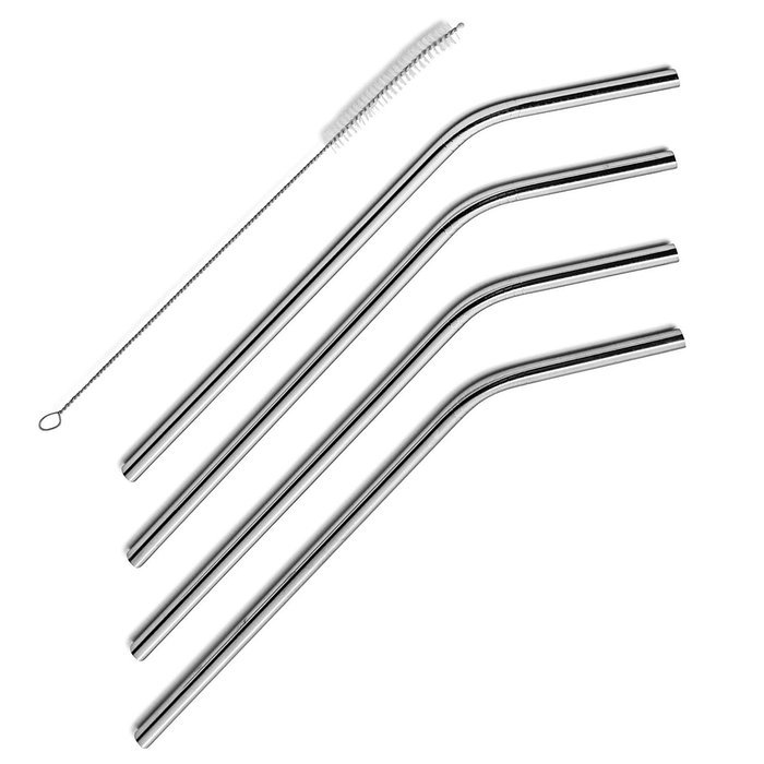 RECHERE Stainless Steel Reusable Drinking Straw with Cleaner Brush Bent Set of 4 (22.5cm/9")