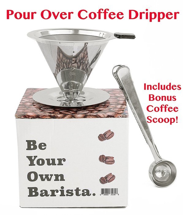 Paperless Pour Over Coffee Dripper & Brewer - Stainless Steel Double Mesh Reusable Cone Filter with Built-in Stand... N2