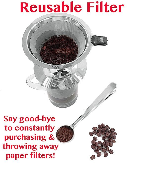 Paperless Pour Over Coffee Dripper & Brewer - Stainless Steel Double Mesh Reusable Cone Filter with Built-in Stand... N3