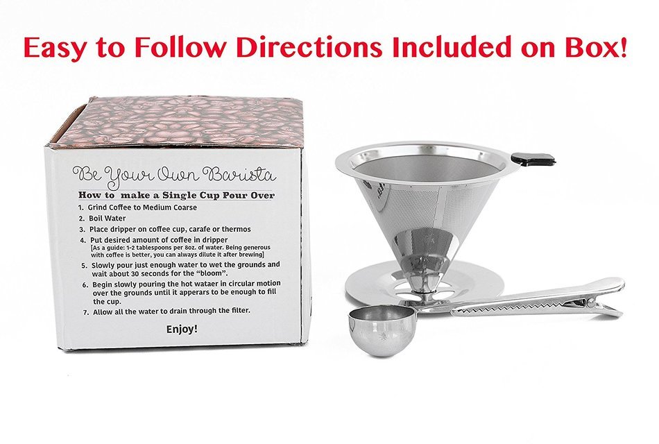Paperless Pour Over Coffee Dripper & Brewer - Stainless Steel Double Mesh Reusable Cone Filter with Built-in Stand... N4