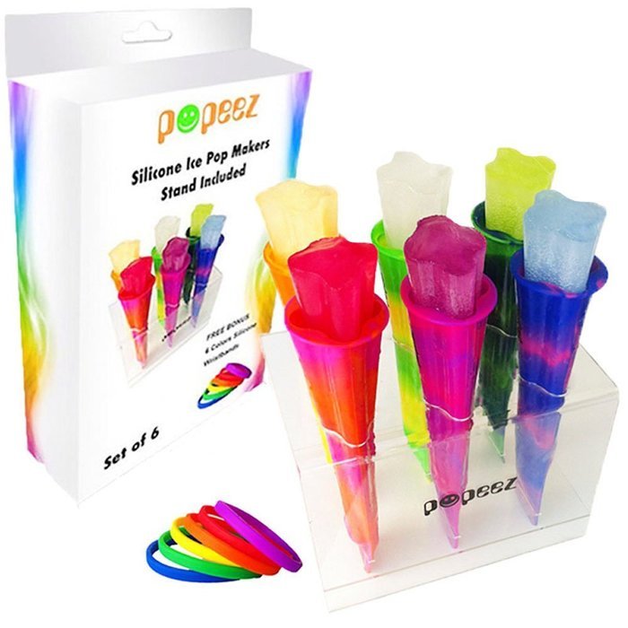 POPEEZ ICE POP MOLDS, 6 popsicle molds, stand indluded, FREE BONUS 6 Colors Silicone Wristbands, Flower Shape... N4