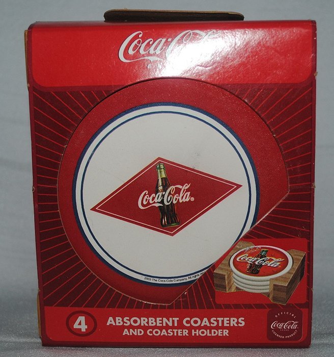 Coca-Cola Brand Stoneware Coasters Set Of 4 In Wooden Base. Includes (1) each of 'Fanta', 'TAB', 'Coke and 'Sprite' N2