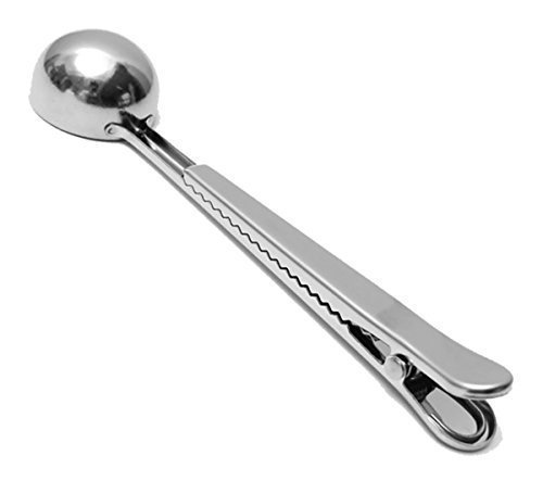 Pinovk Stainless Premium Steel Ground Coffee Measuring Scoop Spoon With Bag Seal Clip (Silver )